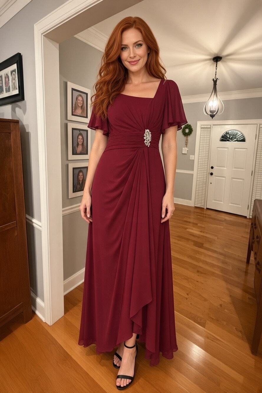 Burgundy Formal Gown Size 16 Flutter Sleeve Rhinestone Mother of Bride Dress